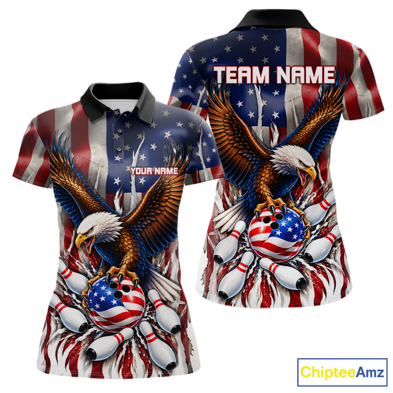 Custom American Flag Eagle Bowling Jersey For Women, Patriotic Bowling Team Shirts Polo & 1/4 Zip TDM8023