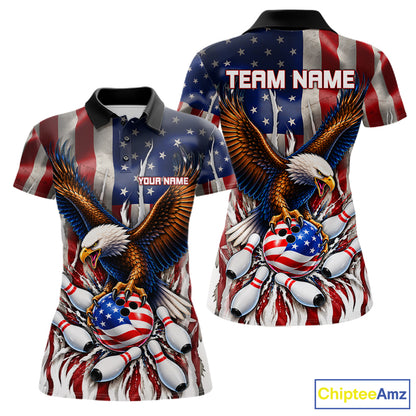 Custom American Flag Eagle Bowling Jersey For Women, Patriotic Bowling Team Shirts Polo & 1/4 Zip TDM8023