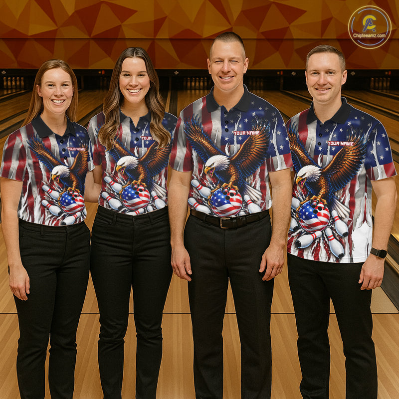 Custom American Flag Eagle Bowling Jersey For Women, Patriotic Bowling Team Shirts Polo & 1/4 Zip TDM8023