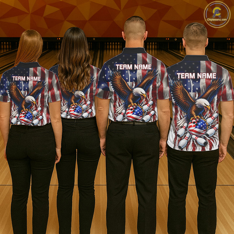 Custom American Flag Eagle Bowling Jersey For Women, Patriotic Bowling Team Shirts Polo & 1/4 Zip TDM8023