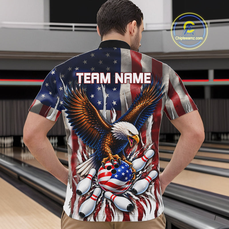 Custom American Flag Eagle Bowling Jersey For Men, Patriotic Bowling Team Shirts Polo & 1/4 Zip TDM8023