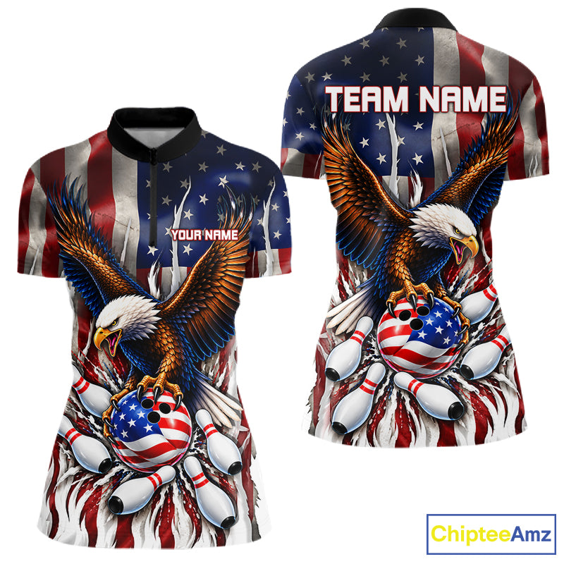 Custom American Flag Eagle Bowling Jersey For Women, Patriotic Bowling Team Shirts Polo & 1/4 Zip TDM8023