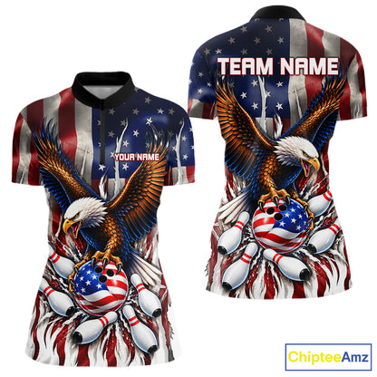 Custom American Flag Eagle Bowling Jersey For Women, Patriotic Bowling Team Shirts Polo & 1/4 Zip TDM8023