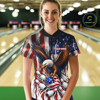 Custom American Flag Eagle Bowling Jersey For Women, Patriotic Bowling Team Shirts Polo & 1/4 Zip TDM8023