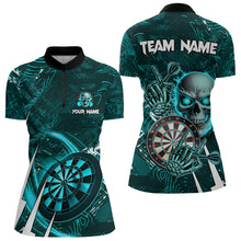 Load image into Gallery viewer, Turquoise 3D Skull Darts Polo &amp; 1/4 Zip Shirts For Women Custom Cool Darts League Team Jerseys TDM3101