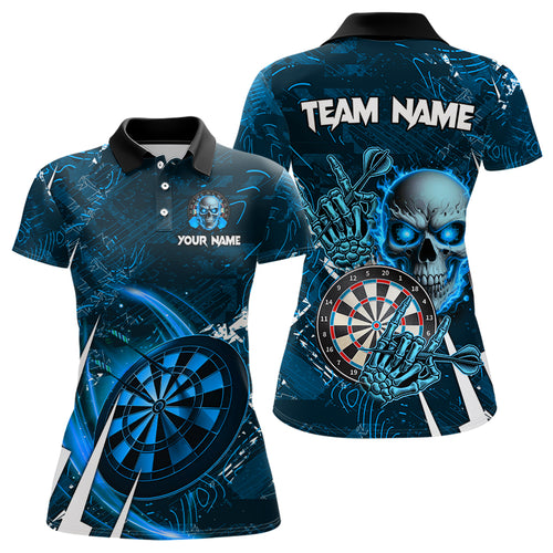 Personalized Blue 3D Skull Darts Polo & 1/4 Zip Shirt For Women Custom Cool Darts League Team Jersey TDM3102