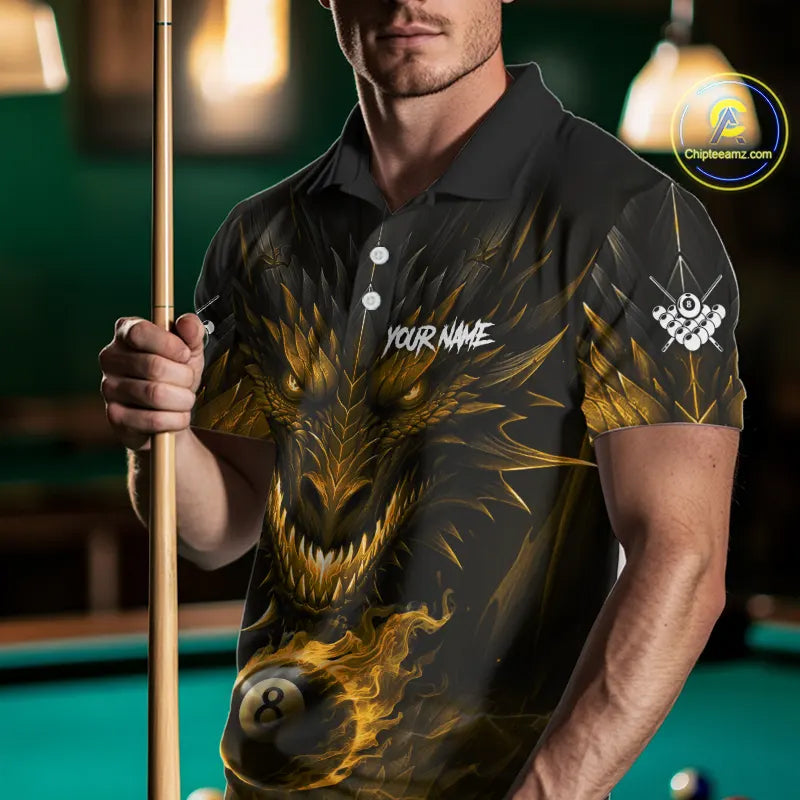 Personalized Dragon 8 Ball Fire Flame 3D Billiard Shirt For Men, Billiard League Team Jersey|Yellow TDM5595