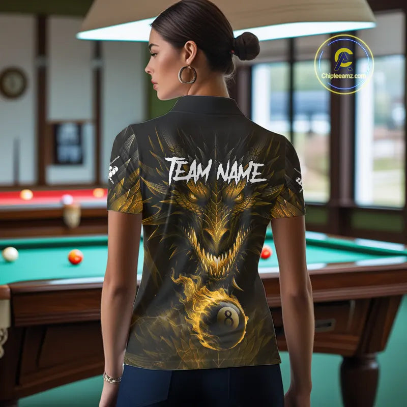 Personalized Dragon 8 Ball Fire Flame 3D Billiard Shirt For Women, Billiard League Team Jersey|Yellow TDM5595