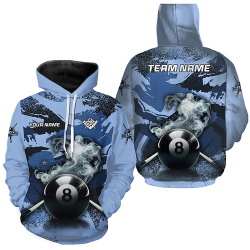 8 Ball Pool & Cue Smoke Custom Blue Camo Billiard Hoodie For Pooler, Personalized 8 Ball Pool Hoodie TDM1014