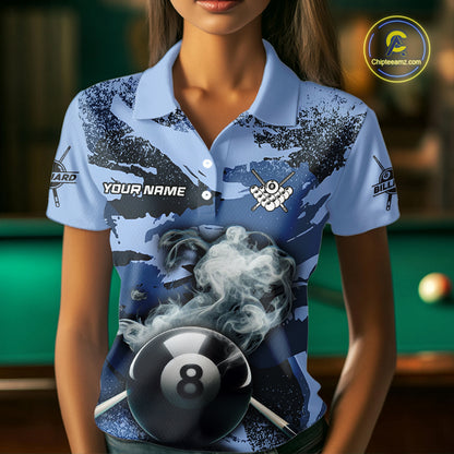 Personalized 8 Ball Pool Smoke Custom Blue Camo Women Polo Shirts, Billiard Snooker Outfits TDM1014