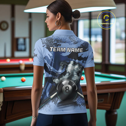 Personalized 8 Ball Pool Smoke Custom Blue Camo Women Polo Shirts, Billiard Snooker Outfits TDM1014