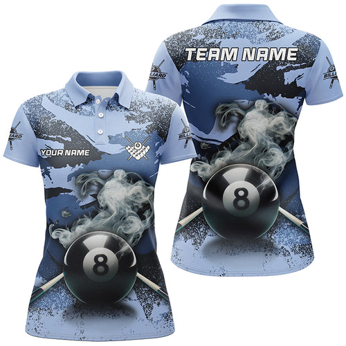 Personalized 8 Ball Pool Smoke Custom Blue Camo Women Polo Shirts, Billiard Snooker Outfits TDM1014