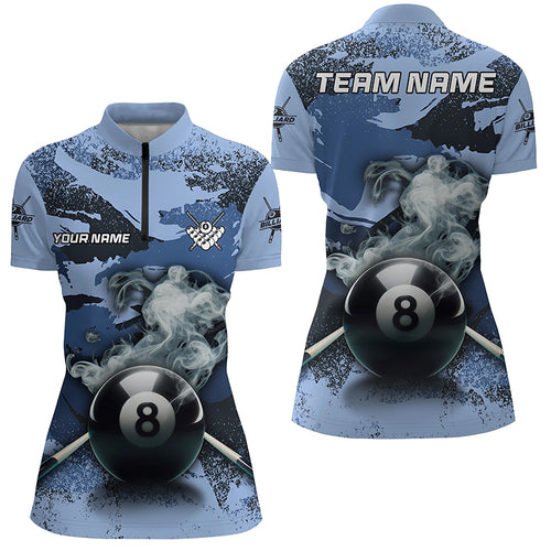 8 Ball Pool Smoke Custom Blue Camo Women Quarter-Zip Shirts, Billiard Snooker Outfits TDM1014
