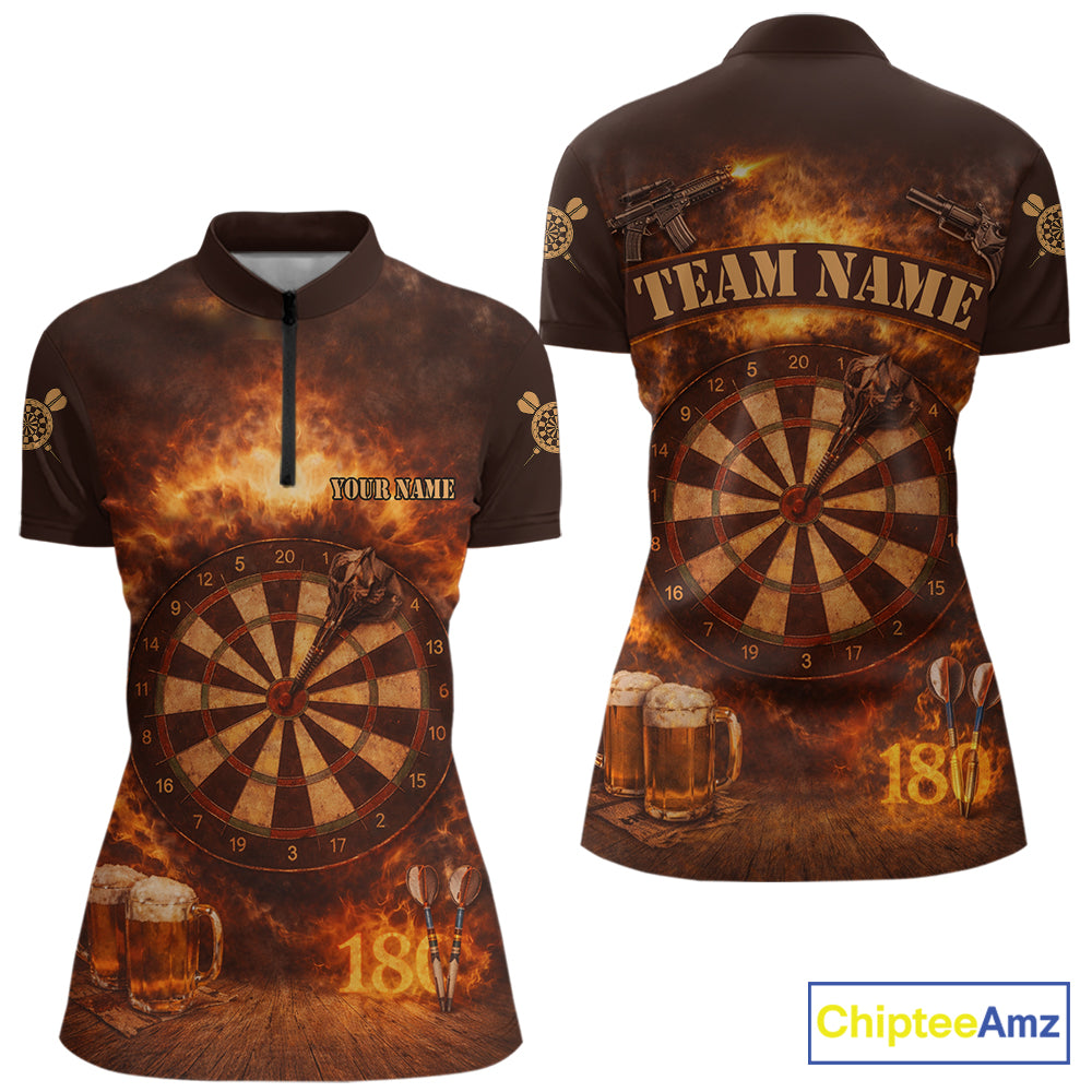 Personalized Fire Flaming Dartboard Beer Darts Polo & 1/4 Zip For Women Custom Darts Team Jersey TDM5827