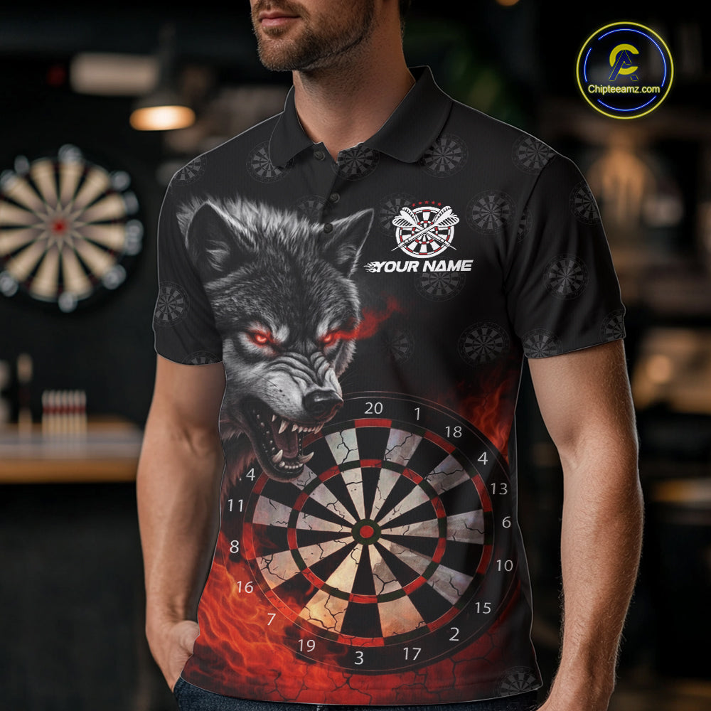 Black And Red Flaming Wolf Darts Polo & Quarter Zip For Men Custom Darts Team Jersey TDM5830