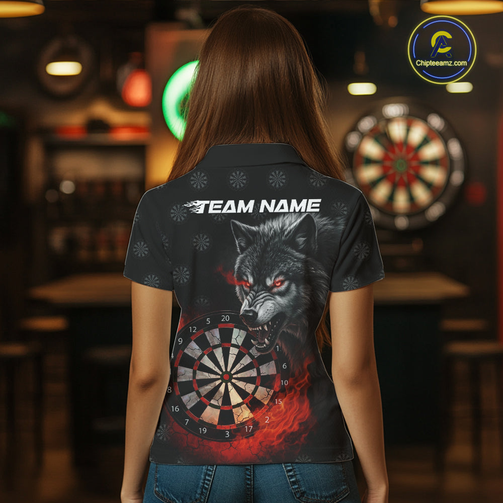Black And Red Flaming Wolf Darts Polo & Quarter Zip For Women Custom Darts Team Jersey TDM5830