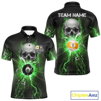 Green 8 & 9 Ball Skull Billiard Shirt For Men Custom Glass Break Pool Team Jersey Polo & 1/4 Zip TDM5972