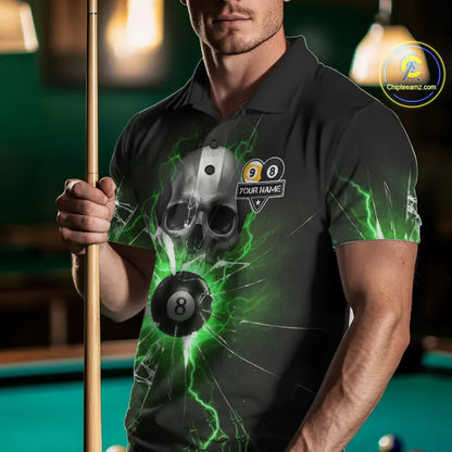 Green 8 & 9 Ball Skull Billiard Shirt For Men Custom Glass Break Pool Team Jersey Polo & 1/4 Zip TDM5972