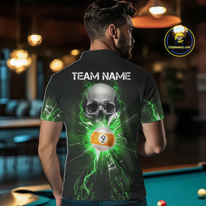 Green 8 & 9 Ball Skull Billiard Shirt For Men Custom Glass Break Pool Team Jersey Polo & 1/4 Zip TDM5972