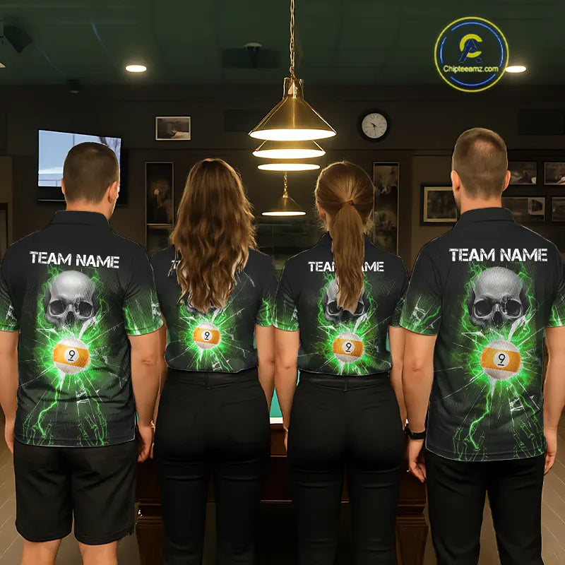 Green 8 & 9 Ball Skull Billiard Shirt For Men Custom Glass Break Pool Team Jersey Polo & 1/4 Zip TDM5972