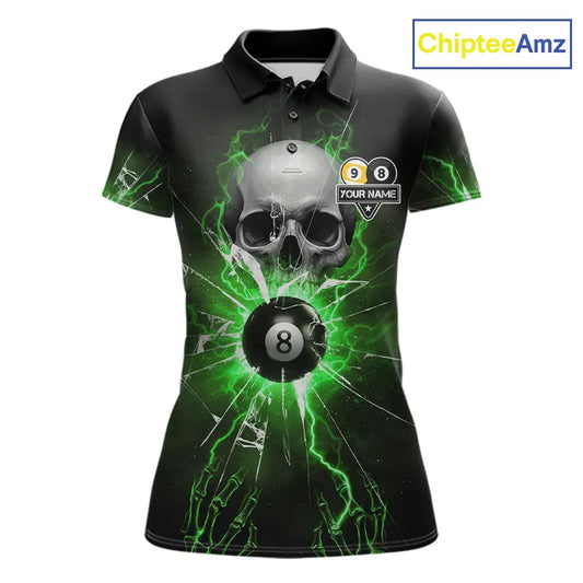 Green 8 & 9 Ball Skull Billiard Shirt For Women Custom Glass Break Pool Team Jersey Polo & 1/4 Zip TDM5972