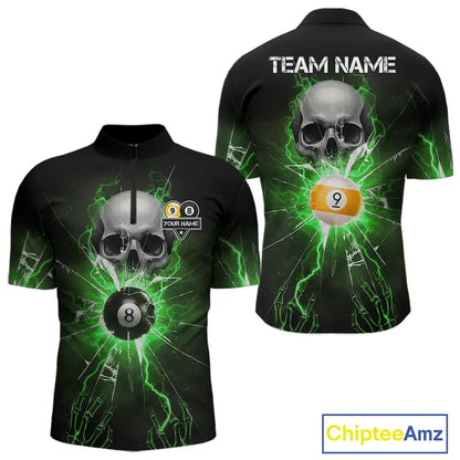 Green 8 & 9 Ball Skull Billiard Shirt For Men Custom Glass Break Pool Team Jersey Polo & 1/4 Zip TDM5972