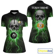 Load image into Gallery viewer, Green 8 &amp; 9 Ball Skull Billiard Shirt For Women Custom Glass Break Pool Team Jersey Polo &amp; 1/4 Zip TDM5972