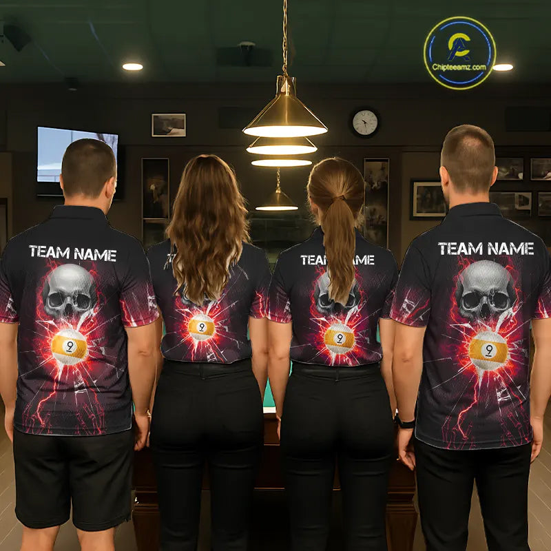 Red 8 Ball & 9 Ball Skull Billiard Shirt For Men Custom Glass Break Pool Team Jersey Polo, 1/4 Zip TDM5973