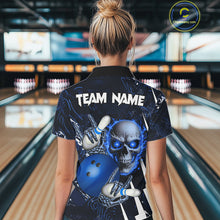 Load image into Gallery viewer, Personalized Skull Bowling Jersey For Women Custom Bowling Team Shirt Polo &amp; Quarter Zip | Blue TDM6206