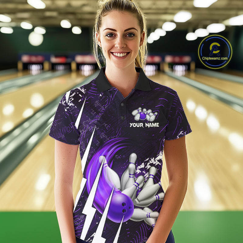Load image into Gallery viewer, Personalized Skull Bowling Jersey For Women Custom Bowling Team Shirt Polo & Quarter Zip | Purple TDM6207
