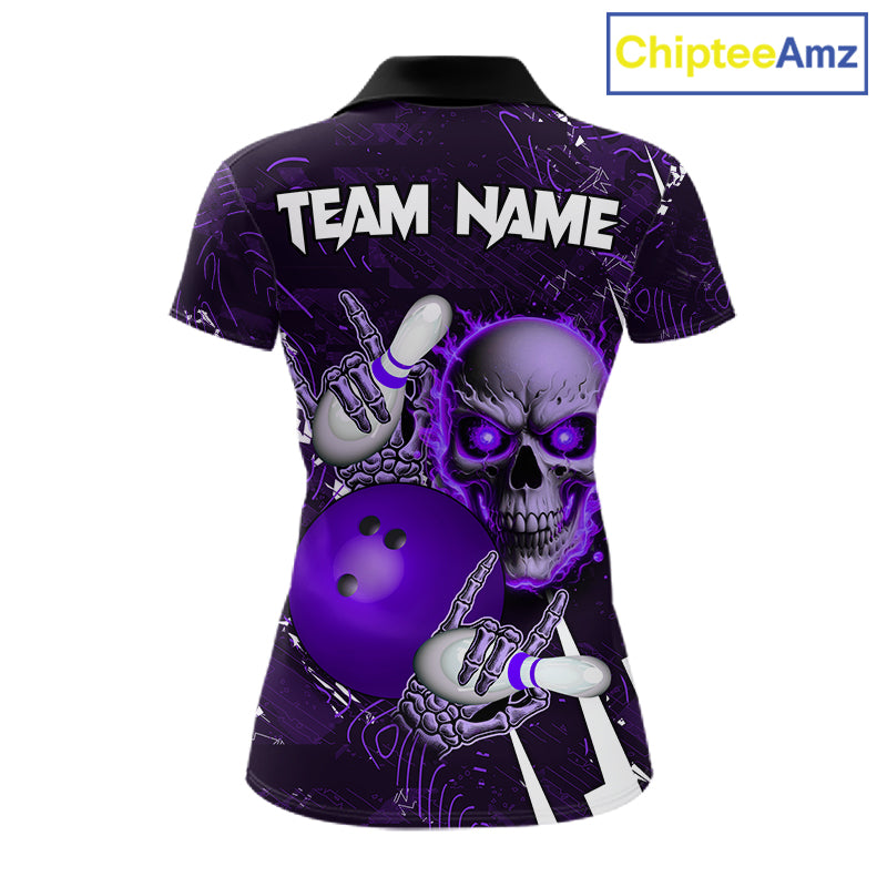 Load image into Gallery viewer, Personalized Skull Bowling Jersey For Women Custom Bowling Team Shirt Polo & Quarter Zip | Purple TDM6207