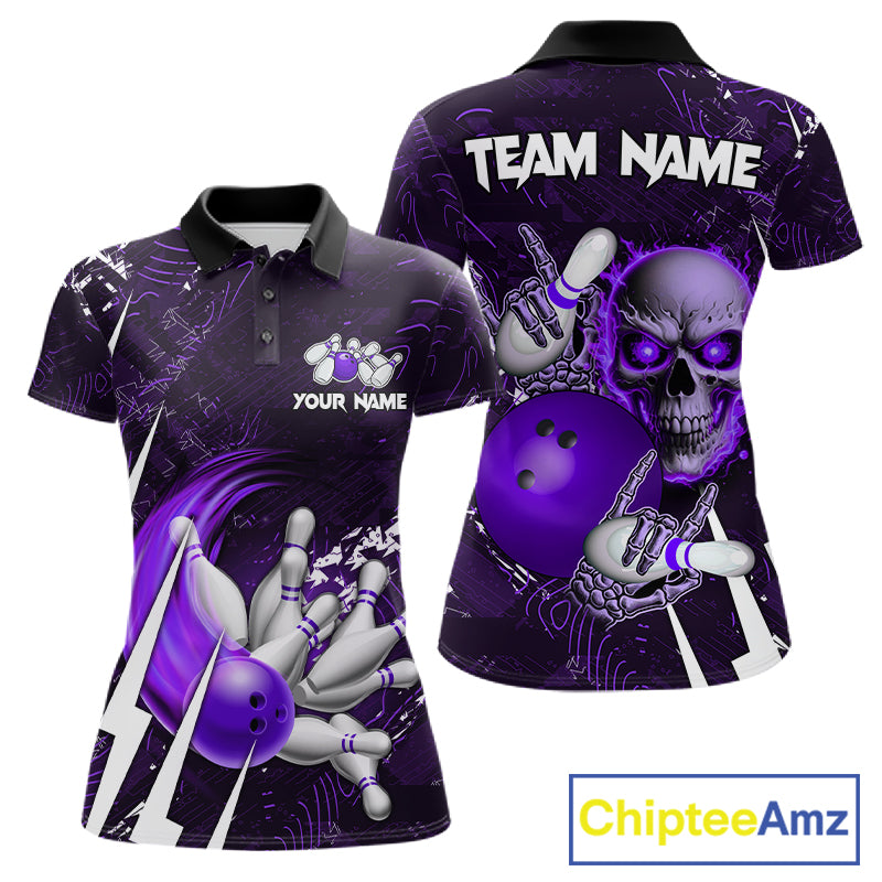 Load image into Gallery viewer, Personalized Skull Bowling Jersey For Women Custom Bowling Team Shirt Polo & Quarter Zip | Purple TDM6207