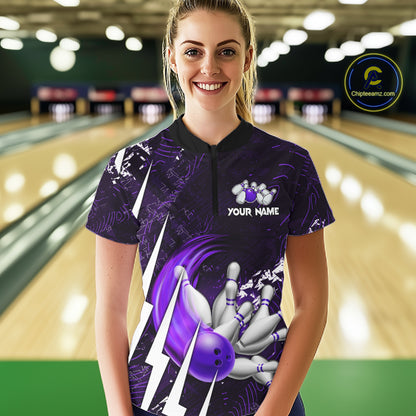 Personalized Skull Bowling Jersey For Women Custom Bowling Team Shirt Polo & Quarter Zip | Purple TDM6207