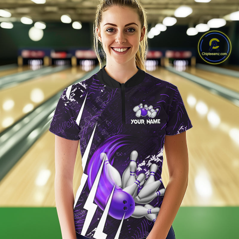 Load image into Gallery viewer, Personalized Skull Bowling Jersey For Women Custom Bowling Team Shirt Polo & Quarter Zip | Purple TDM6207
