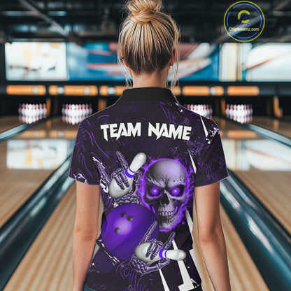 Personalized Skull Bowling Jersey For Women Custom Bowling Team Shirt Polo & Quarter Zip | Purple TDM6207