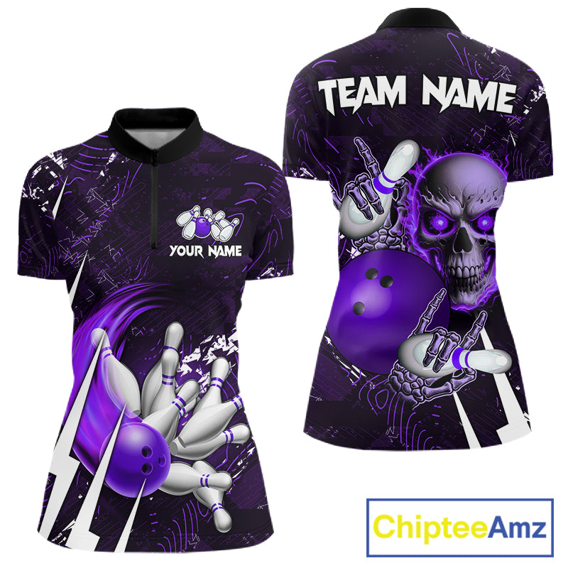 Load image into Gallery viewer, Personalized Skull Bowling Jersey For Women Custom Bowling Team Shirt Polo & Quarter Zip | Purple TDM6207