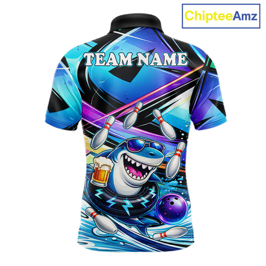 Blue Funny Shark Graffiti Bowling Shirts For Men, Best Bowling Team Jersey Polo & Quarter Zip TDM6209