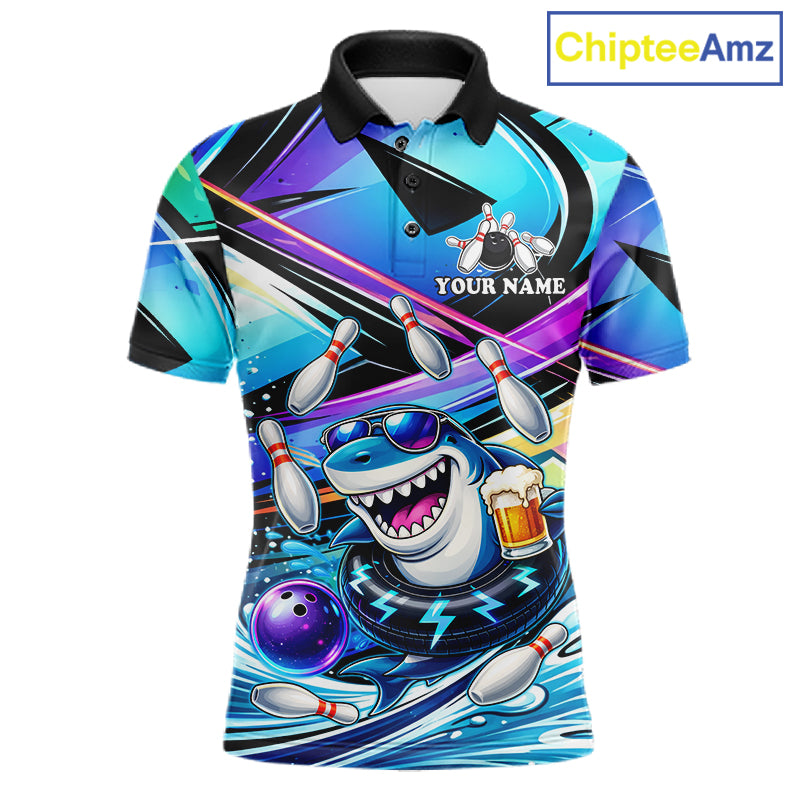 Blue Funny Shark Graffiti Bowling Shirts For Men, Best Bowling Team Jersey Polo & Quarter Zip TDM6209