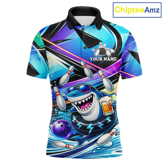 Blue Funny Shark Graffiti Bowling Shirts For Men, Best Bowling Team Jersey Polo & Quarter Zip TDM6209