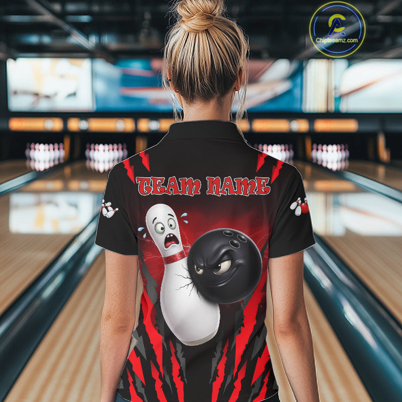 Funny Bowling Ball Custom Black And Red Bowling Shirt For Women, Bowling Team Jersey Polo & 1/4 Zip TDM6210