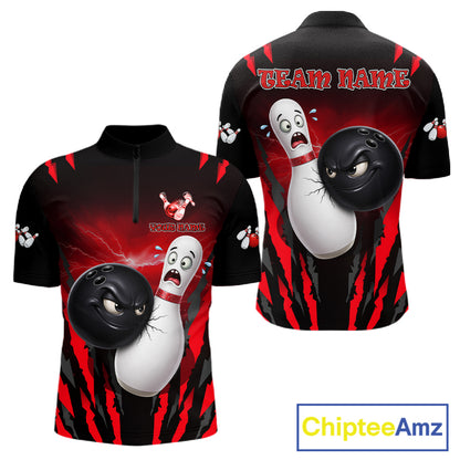 Funny Bowling Ball Custom Black And Red Bowling Shirt For Men, Bowling Team Jersey Polo & 1/4 Zip TDM6210