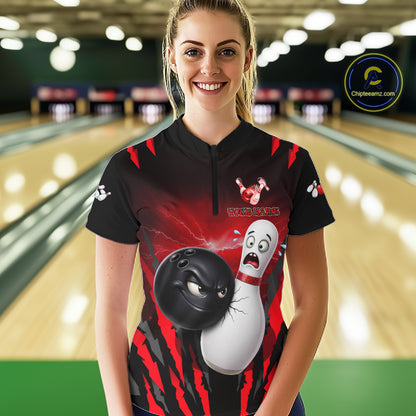 Funny Bowling Ball Custom Black And Red Bowling Shirt For Women, Bowling Team Jersey Polo & 1/4 Zip TDM6210
