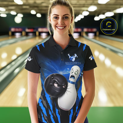 Funny Bowling Ball Custom Black And Blue Bowling Shirt For Women, Bowling Team Jersey Polo & 1/4 Zip TDM6211
