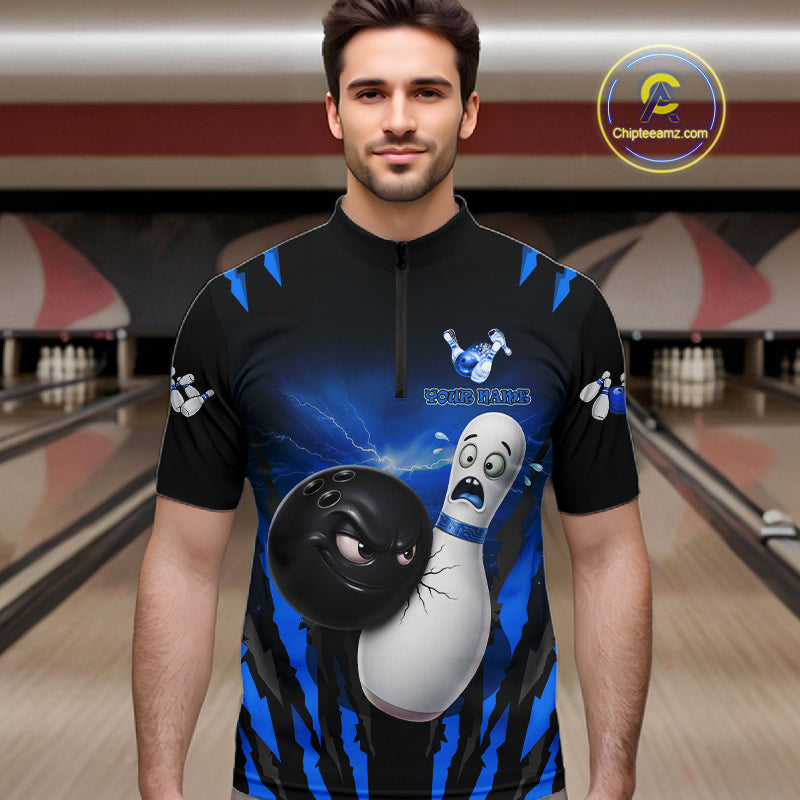 Funny Bowling Ball Custom Black And Blue Bowling Shirt For Men, Bowling Team Jersey Polo & 1/4 Zip TDM6211