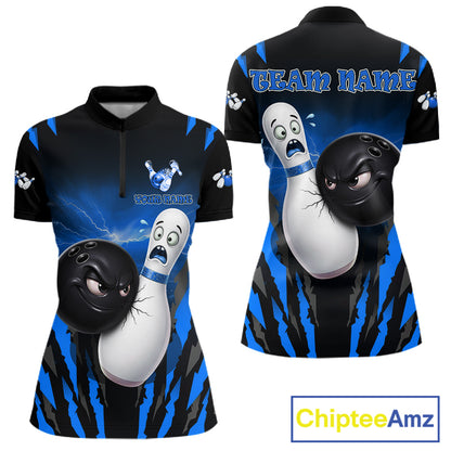 Funny Bowling Ball Custom Black And Blue Bowling Shirt For Women, Bowling Team Jersey Polo & 1/4 Zip TDM6211