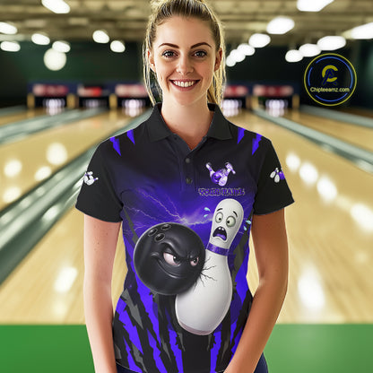 Funny Bowling Ball Custom Black And Purple Women's Bowling Shirt, Bowling Team Jersey Polo & 1/4 Zip TDM6212