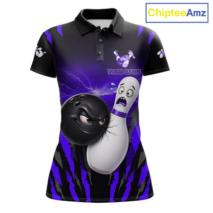 Funny Bowling Ball Custom Black And Purple Women's Bowling Shirt, Bowling Team Jersey Polo & 1/4 Zip TDM6212
