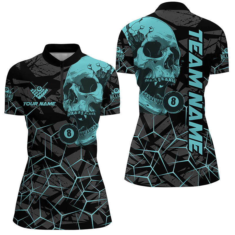 Funny Skull Holding 8 Ball Billiard Custom Women Polo & Quarter-Zip Shirt, Billiard Pool Jersey Shirt TDM1715