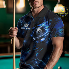Load image into Gallery viewer, Man wearing a blue thunder lightning billiard jersey beside a pool table front view.