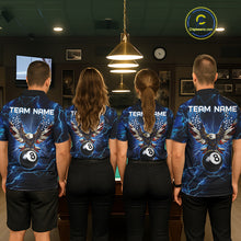 Load image into Gallery viewer, Back view of pool players wearing custom blue thunder billiard shirts in a game room